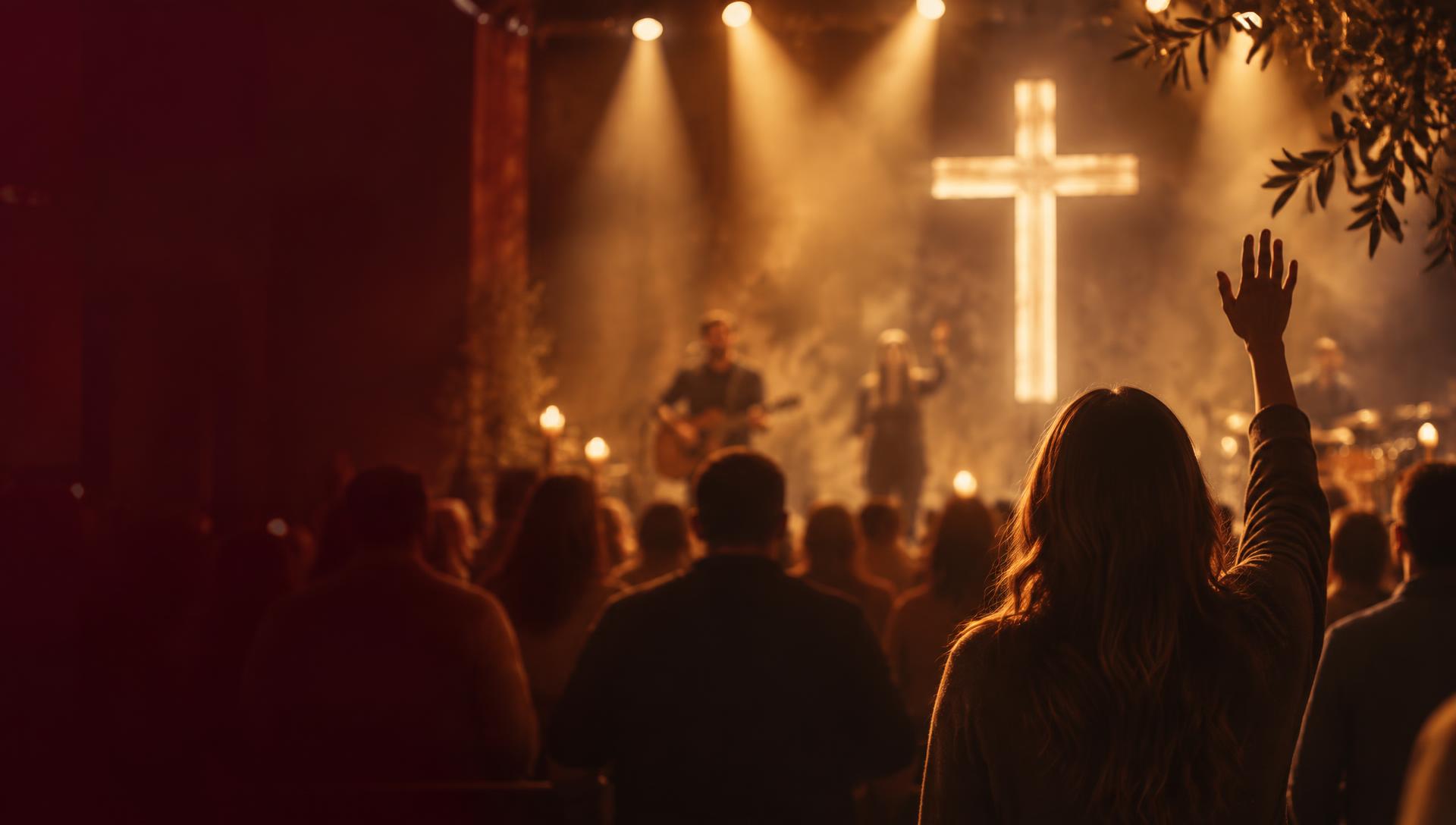 Pessoas em adoração diante de uma cruz iluminada