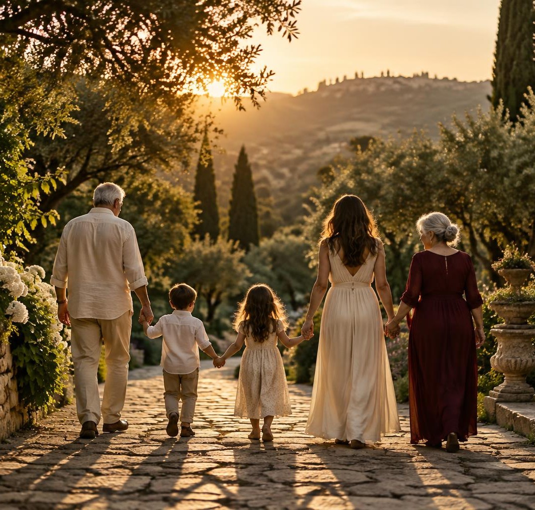 Família caminhando junta por um jardim ao pôr do sol